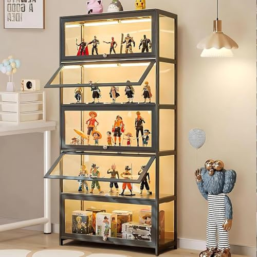 Scribora Vetrina a 5 piani in piedi, armadi Curio, libreria con ante, porte in acrilico trasparente, vetrina da collezione per soggiorno, ufficio, libri, sala giochi. (Porta pieghevole grigia)