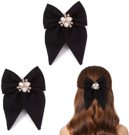 2Pcs Elegant Black Pearl Bow Hair Clip Set – Large Fabric Ribbon Barrettes for Women & Girls, Classic Velvet Hair Accessories with Rhinestone Center for Ponytails & Styling (Black)