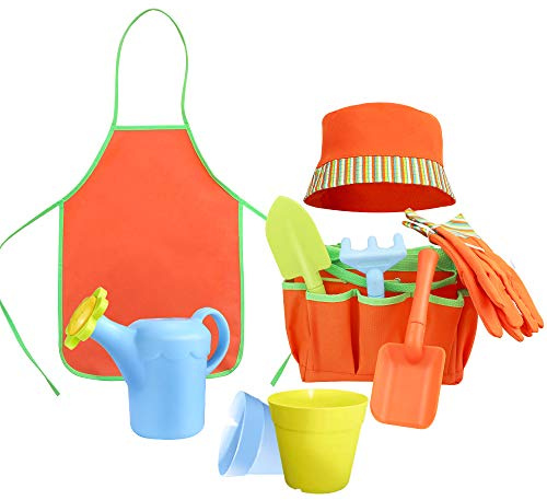 Megawodar Kids Garden Tools Set with Sun Hat,Gloves,Apron,Storage Bag,Watering can,2pcs of Pots and 3pcs of Tools for Realing Gardening or Sand Outdoor Play