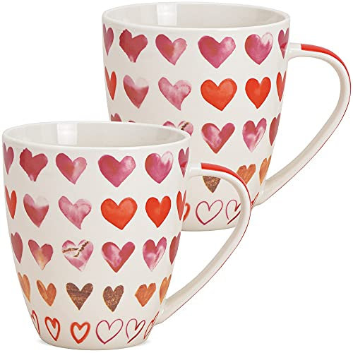 XXL Tassen 2er Set in weißrosa orange mit Herz - Große Porzellan Kaffeetassen in 675ml für Tee Kaffee Cappuccino - Kaffeebecher spülmaschinenfest und mikrowellengeeignet als Geschenk