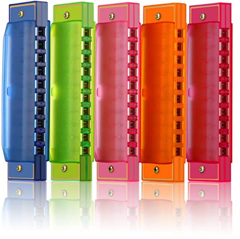 Harmonica for Kids 10 Hole Translucent Kids Harmonica, 5 Pack Educational Toys Beginners Toy Musical Instruments for Children Party Holidays, Birthday (Blue, Red, Green, Orange, Pink)