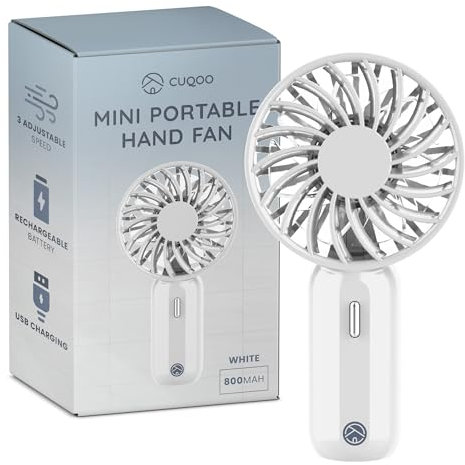 CUQOO Mini ventilateur à main – Ventilateur rechargeable par USB avec batterie de 800 mAh et 3 vitesses, portable pour voyage, maison, bureau, école et utilisation quotidienne, mini ventilateur