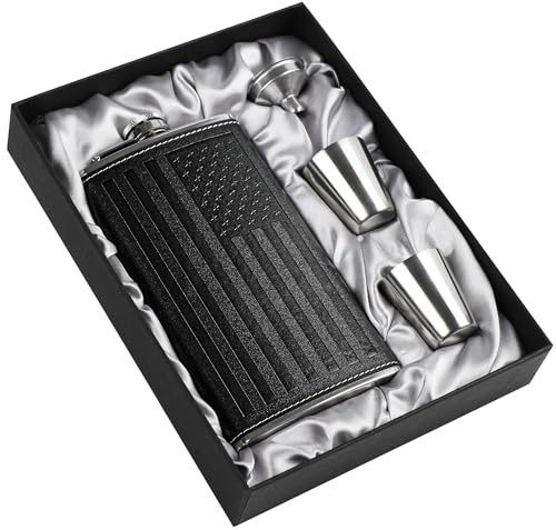 LHD HOME Flask For Men,350ml/12oz Hip Flask, 304 Food Grade Stainless Steel,2 Cups And Funnel Portable Gift Box For Whiskey Rum Groomsman Best Man Usher Wedding-Leather America Flag Black