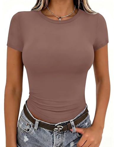 Zeagoo T-tröja damer, tajt baströja, kortärmade crop toppar, rund hals, topp, BRUN, S