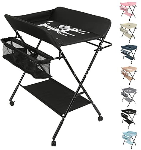 OHMG Baby Wickelkombi Klappbare Wickelkommode,Wickeltisch mit Rollen,Mobiler Wickeltisch mit Wickelauflage,Sicherheitsgurt und Ablagefächern,Wasserdicht und Höhenverstellbar,Stabil