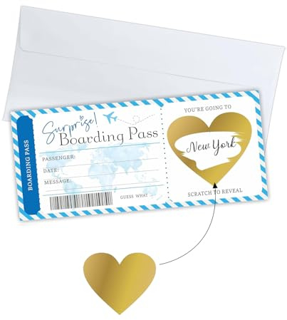 Scratch Card Reveal Surprise Personalised Boarding Pass Scratch Card with Envelope and Heart Scratch Card Stickers Where We Are Going on Holiday Travel Flight Ticket Boarding Pass Surprise Trip(Blue)