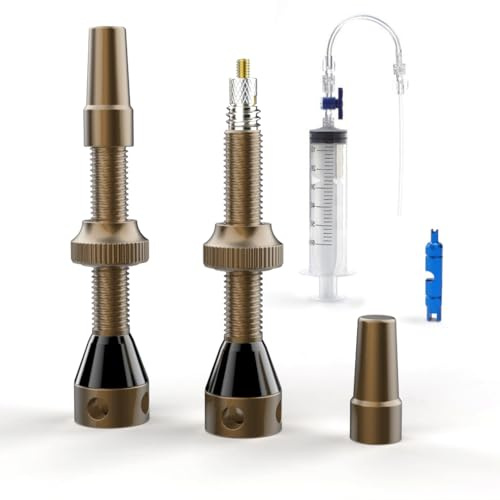 Shredr. Kit complet de valves Tubeless - Avec outil de valve et seringue sans chambre à air - Aluminium super léger, valves sans chambre à air anodisées colorées - Valve française Presta (bronze, 44