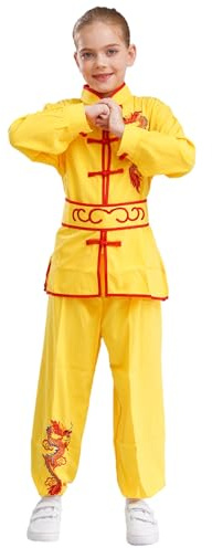 FEESHOW Kids Boys Girls Chinese Kung Fu Suit 2Pcs Dragon Printed Tai Chi Master Uniform Martial Arts Clothes Yellow 15-16 Years