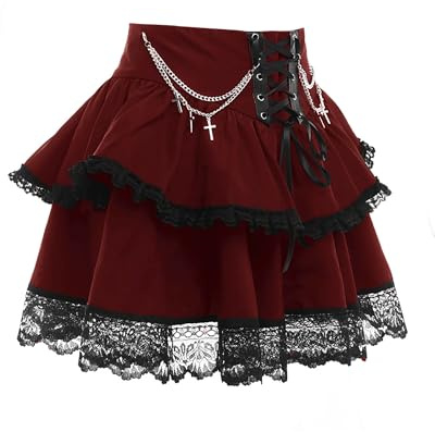 YINGWIN Jupe Gothique de Rue Sexy Bandage à Volants à Couches Femmes Taille Haute Lien Croisé A-Line Mini Jupe Plissé, rouge uni, XL