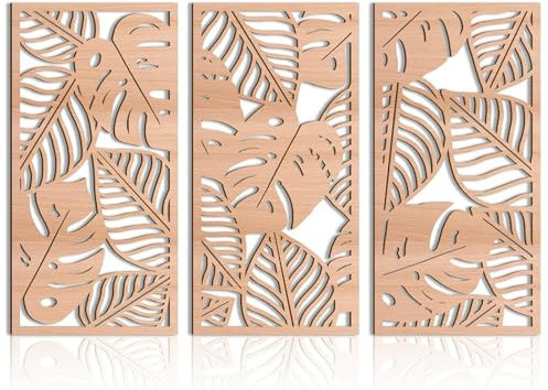 Yixuan 3 Pezzi Sculture da Parete in Legno Naturale, Decorazione Murale Foglia di Monstera Stile Boho Chic, Arte Murale Moderna e Leggera per Soggiorno, Camera da Letto, Ingresso o Ufficio