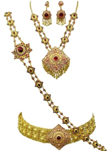 Traditional Costume Jewelry Set – Gold & Silver Tone Necklace, Earrings, Belt & Body Chain – Cultural Dance & Festival Accessories 1Set (Gold Tone with Red Crystal Accent)