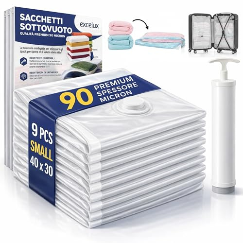 Excelux Sottovuoto Vestiti da Viaggio – 9 Buste e Sacchetti Sottovuoto Vestiti Piccoli 30x40 cm (40x30) con Pompa Manuale – Sacchi Sottovuoto per Valigia, Zaino e Bagaglio a Mano Salvaspazio