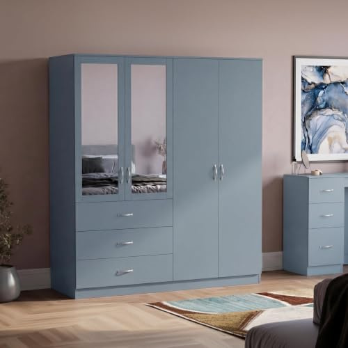 Vida Designs Riano 4 Door 3 Drawer Mirrored Wardrobe | Grey | Modern Bedroom Furniture | 175H x 154W x 54D cm | With Storage Shelf & Hanging Rail | Large Capacity Storage