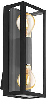 Eglo Alamonte 1 Lampada da parete per esterni, 2 luci, applique in acciaio zincato nero, vetro trasparente, attacco: E27, IP44