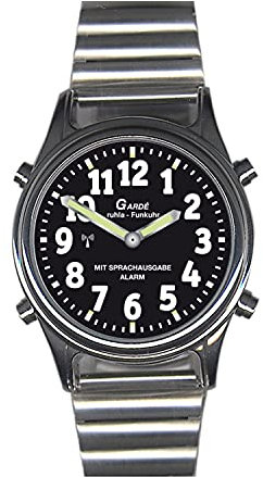 SELVA Montre Ruhla radio-pilotée à quartz, boîtier en acier inoxydable, verre minéral, cordon de serrage, avec heure, date, heure du réveil et alarme, Bracelet