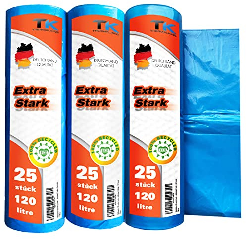 Bin Bags 120 L Extra Strong - Heavy Duty Bin Bags - Blue Bin Bags XXL - Waste Bag Made of LDPE for Waste Bins and Waste Bin (3 Rolls = 75 Pieces)