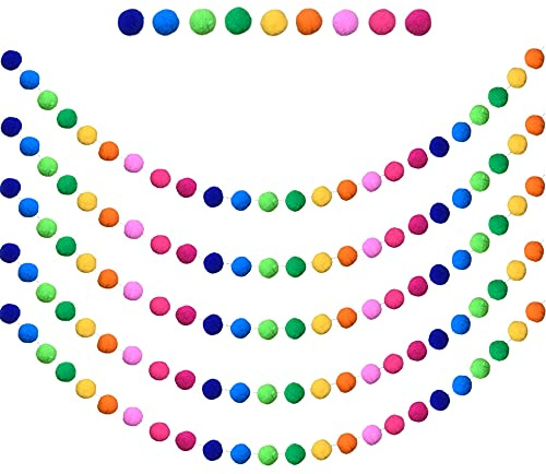5 Pieces Colorful Pom Pom Ball Garland 6.5 Feet Long 24 Balls for Party Home Decoration