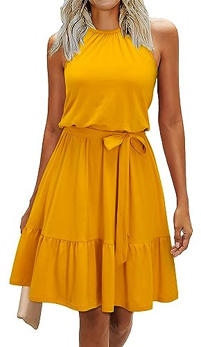 Newshows Sommerkleid Damen Knielang Elegant Kleid Neckholder Sommer Ärmellos Freizeitkleider mit Taschen(Gelb, X-Groß)
