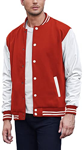 COOFANDY Mens Fashion Varsity Jackets Leather Sleeve Slim Fit College Baseball Letterman Bomber Coat Red X-Large
