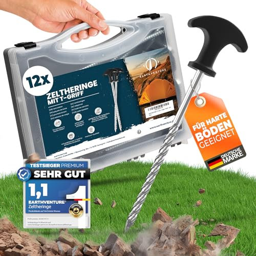 EARTHVENTURE® 12x Zeltheringe aus Stahl - Heringe - Schraubheringe - stabile & sturmsichere Erdnagel für Camping - ideal für weiche bis Harte Böden Erdschrauben mit Transportbox - stark & rostfrei