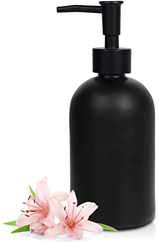 Topsky Glass Soap Dispenser with Plastic Pump, 410ml Liquid Hand Soap Dispenser, Rustproof Pump for Kitchen & Bathroom, Great for Lotions, Essential Oil, Liquid Soaps (Black)