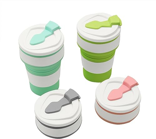 Accmuzzy 4 Pack Collapsible Cup with Lid,Camping Mug,Travel Mugs for Hot Drinks,Foldable Coffee Cup,Personalised Travel Mug for Picnic,Camping,Hiking,Travel,Office (1grey1blue1green1pink)