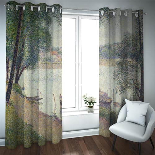 PARREN Verdunkelungsvorhänge Thermovorhänge Georges Seurat Stil Die Seine bei La Grande Jatte im Frühlingsmuster für Schlafzimmer Wohnzimmer 140x270cm