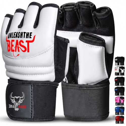 BEAST RAGE Punch Bag Taekwondo Karate Mitts Handskar för män och kvinnor,Halvfinger MMA Kickboxning Sparring Kampsport Boxning Träningshandskar - Träning Light Workouts,Muay Thai (White, XL)
