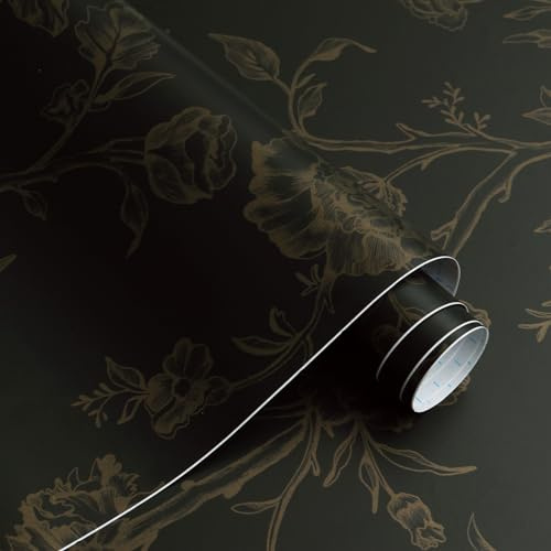 CiCiwind Self Adhesive Wallpaper 44×300CM Black Gold Floral Wallpaper Peel and Stick Contact Paper Flower Bird Sticky Back Plastic Waterproof Vinyl Stick on Wallpaper for Living Room Bedroom Kitchen
