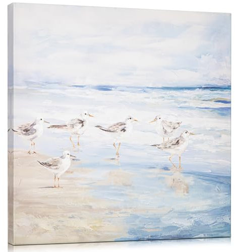 Arborus Wandbilder 30 x 30cm Ölgemälde auf Leinwand Strand Möwen Gemälde Handgefertigtes Wandgemälde Wandeko Wohnzimmer Esszimmer Deko Wandbild Küstenstrand Wand Kunst Seelandschaft Seevögel Leinwand