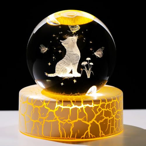 Ornalrist 60mm 3D Cat Crystal Ball Figurine Glass Globe Engraved Cat Flower Butterfly Crystal Ball with Warm Light Stand Glass 2.36in. Sphere Paperweights Ornament Cat Gifts for Cat Lovers Women