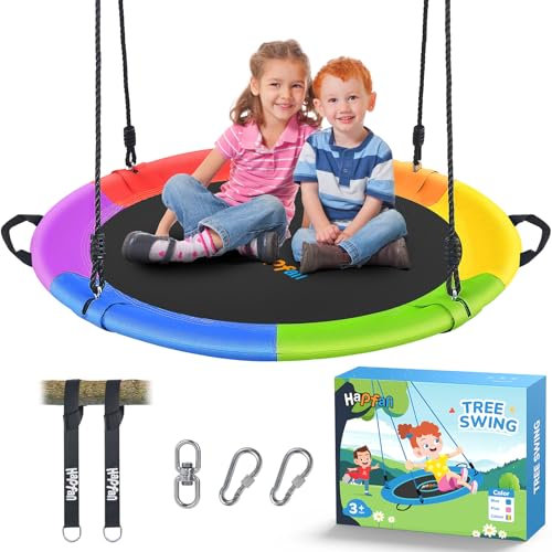 Hapfan 40 Saucer Tree Swing for Kids and Adults, Disc Round Swing for Kids Outdoor with Swivel, UV-Resistant Textilene Fabric, 700 lb Weight Capacity, 9.8 FT Hanging Straps, 2-Year Warranty (Rainbow)