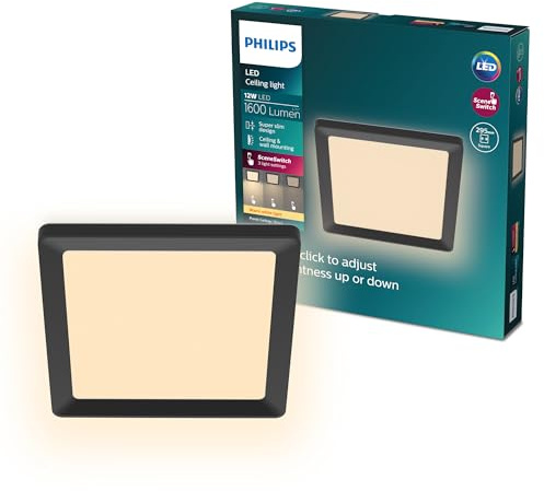 Philips LED SceneSwitch Deckenleuchte (12 W), rechteckig (30x30cm), mit warmweißen Licht, dimmbar, schwarz