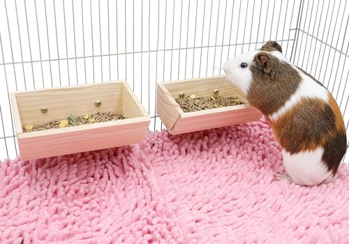 2 Pack Hanging Wooden Small Animal Feeder Bowl – Natural Pine Rabbit & Guinea Pig Food Box with Easy-Tilt Access, for Hamster, Chinchilla, Ferret and Other Cage Pets