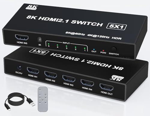 Tioleje Commutateur HDMI 2.1 5 en 1 sortie 8K 4K 120 Hz HDMI avec télécommande, compatible avec PS5/4/3 Xbox Switch, lecteur DVD, TV, PC