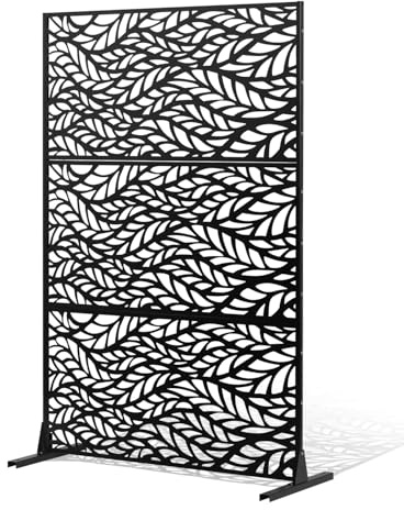 VEVOR Metal Privacy Screen, 47 W x 72 H, Outdoor Privacy Screens & Panels, Freestanding Outdoor Divider with Stand, 3-Panel Decorative Garden Steel Privacy Fence for Balcony Patio Indoor Room Black