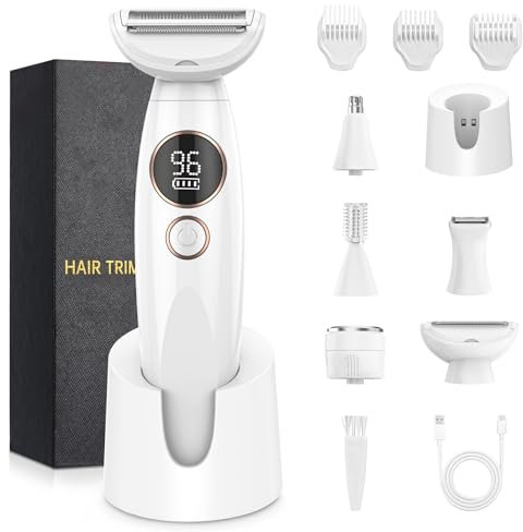 Lightbiz Rasierer Damen, 5-in-1 Intimrasierer Gesichtshaarentferner für Frauen, Damenrasierer Elektrisch, IPX7 Wasserdicht, Bikini Trimmer für Körper und Gesicht, Lady Shaver USB-Aufladung-Weiß
