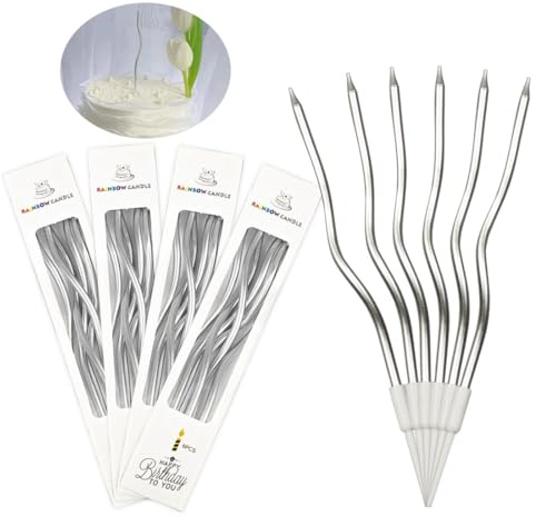 SHSMPXOY 24 Pièces Bougie Anniversaire, Argent Torsadées Bougies de Gâteau en Spirale avec Supports,Convient pour les Gâteaux,les Fêtes,les Mariages,les Décorations de Fête (Argent)