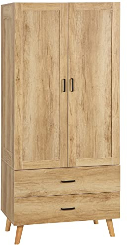 HOMCOM Armoire penderie avec 2 Portes, 2 tiroirs et et Barre de Suspension, Armoire à vêtements, Dressing, Style Moderne, 80 x 54 x 180 cm, Bois Naturel