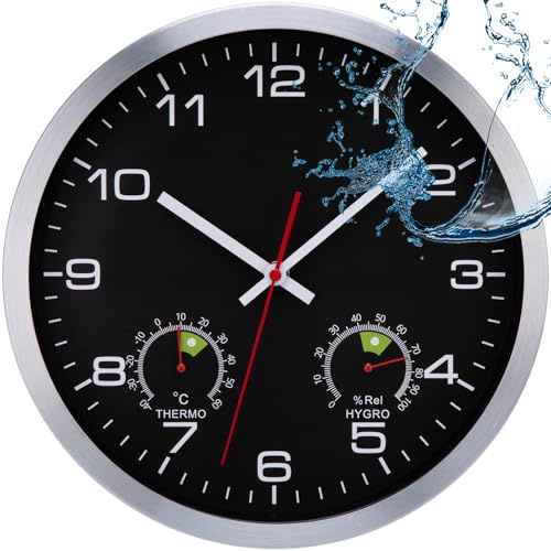 VIVILINEN Reloj de Pared para Exteriores Impermeable con Indicador de Temperatura y Humedad, Esfera Resistente a los Rayos UV, Clasificación IP65, Ideal para Terraza, Cocina y Cuarto de Baño