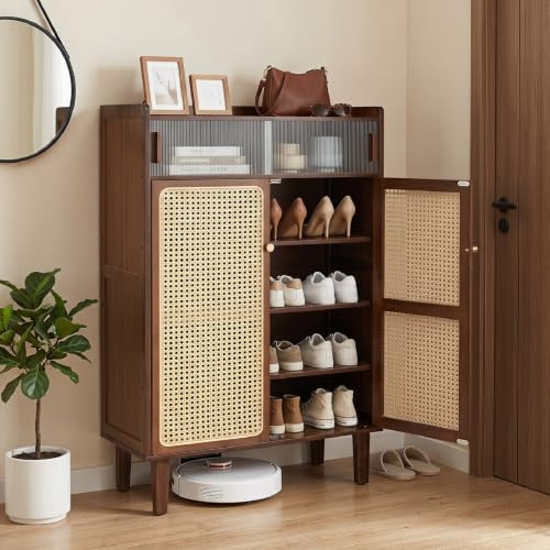 COSTWAY Bamboo Shoe Cabinet, 6-Tier Shoe Storage Cupboard with Rattan Doors | Shelves & Sliding Doors, Mid Century Modern, Freestanding Footwear Rack Shoes Organiser Unit, for Hallway Entryway, Walnut