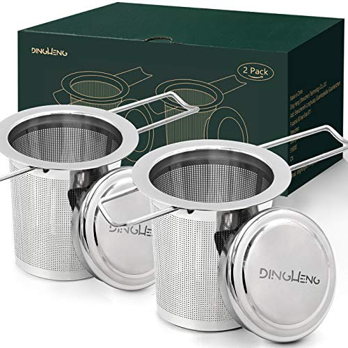 DINGHENG - Colino per tè e tè, con coperchio e scolapasta, 2 pezzi, colino per tè sfuso, setaccio premium, manico pieghevole, adatto per la maggior parte delle tazze da tè e delle tazze da tè