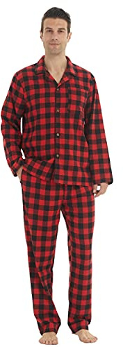 YUSHOW Mens Pyjamas Set Cotton Checked Flannel Lounge Wear Long Sleeve Top & Bottoms Pyjamas for Men Soft Nightwear Pjs