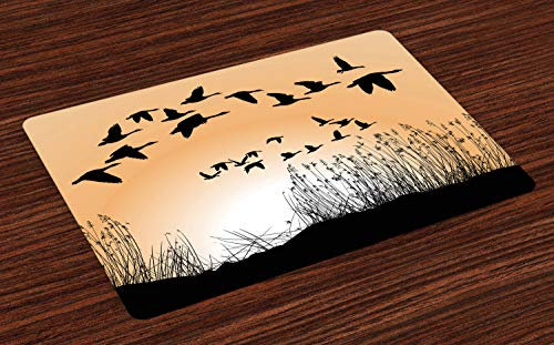 ABAKUHAUS Geese Place Mats Set of 4, Reeds Silhouettes in the Sky, Washable Fabric Placemats for Dining Room Kitchen Table Decor, Pale Orange Charcoal Grey