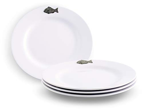 Arthur Court 4-Piece Pewter Fish on Heavyweight and Durable Melamine Plate for Indoors Outdoors Use, Party and Everyday Use Outdoor Cabin Tableware Dinnerware 10 inch Diameter