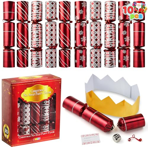 JOYIN 10 Stück Knallbonbons für Weihnachten rot mit Druckknopf, Deluxe-Schneeflocken-Design Tischgeschenke für Kinder und Erwachsene Weihnachtsfeiern Abendessen und Feiertage