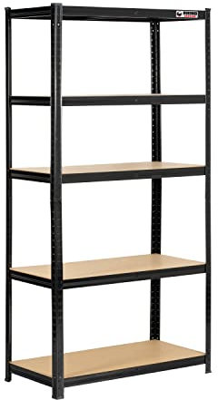 Rhino Racking – 5 Tier Heavy Duty Garage Shelving Units – 200kg Load Weight Per Shelf- 1000kg Per Unit – Black Storage Shelves – 180x90x45cm Adjustable Racks – Shed Shelving
