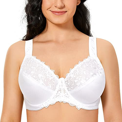 Ayigedu Women's Full Coverage Plus Size Minimizer Bra Floral Lace Non-Padded Underwire Everyday Bra White