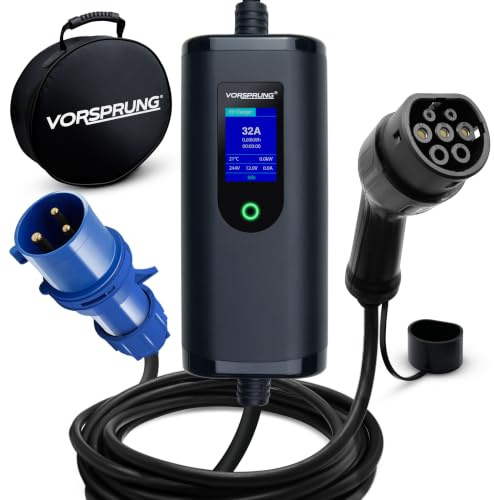 VORSPRUNG® (CEE 3 Pin Plug) Portable Type 2 EV Charger, Adjustable Amperage (10A/16A/20A/24A/32A) 7.3kW with Controllable Digital Screen - Electric Vehicle Motorhome Charging Cable T2, (UK) (8 Metre)