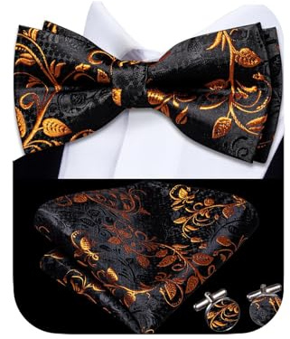 Dubulle Black Orange Pre-tied Bow Ties for Men Silk Paisley Floral Mens Bowtie and Pocket Square Cufflinks Set Wedding Business